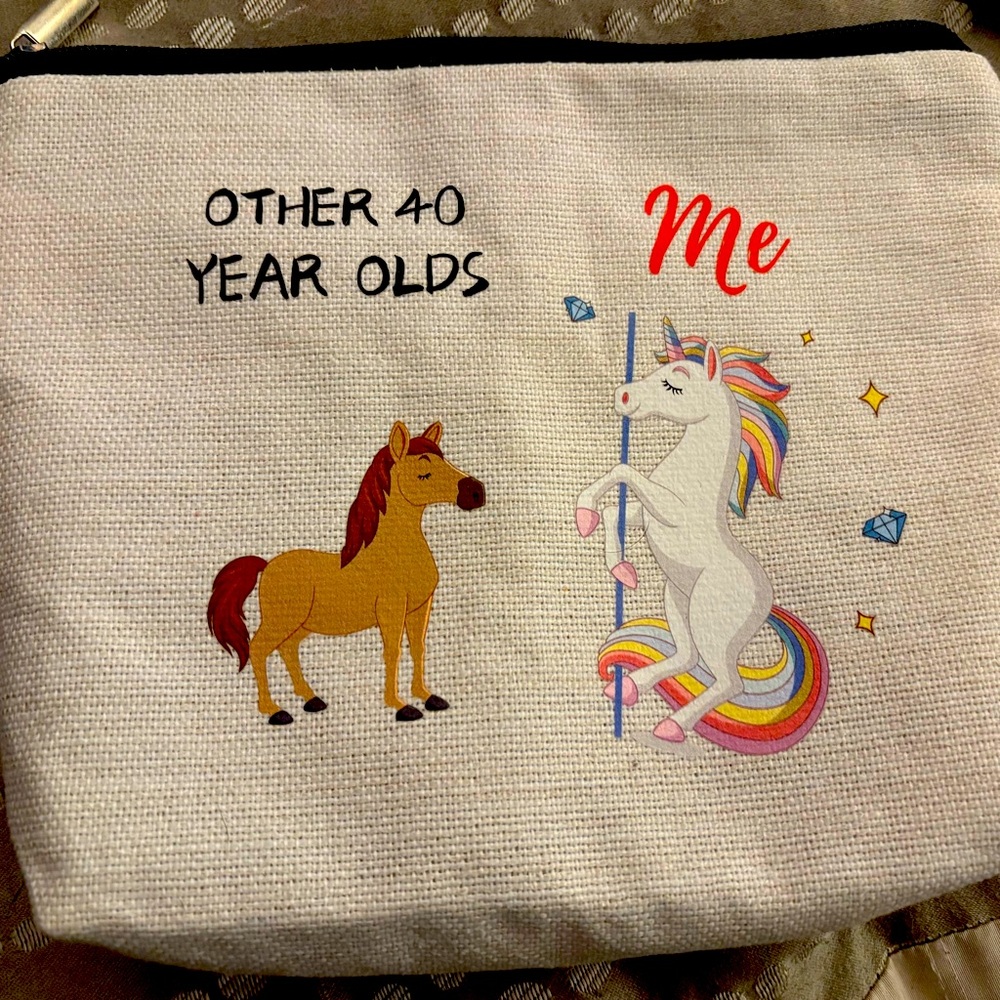 40 Years Old Cute Unicorn Clutch Small, Canvas Makeup Bag